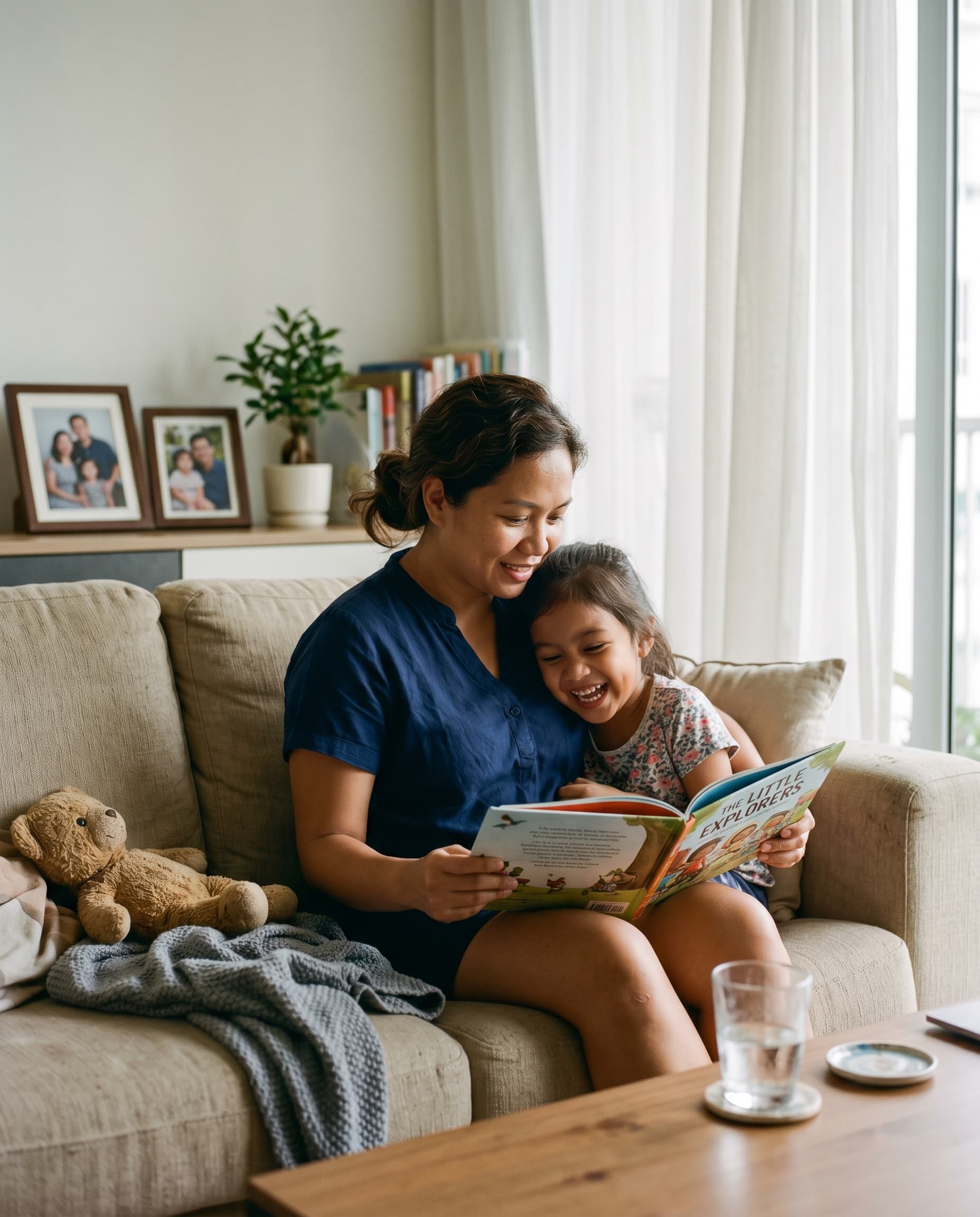 A Filipino helper reading a picture book with a Singapore child on the sofa.