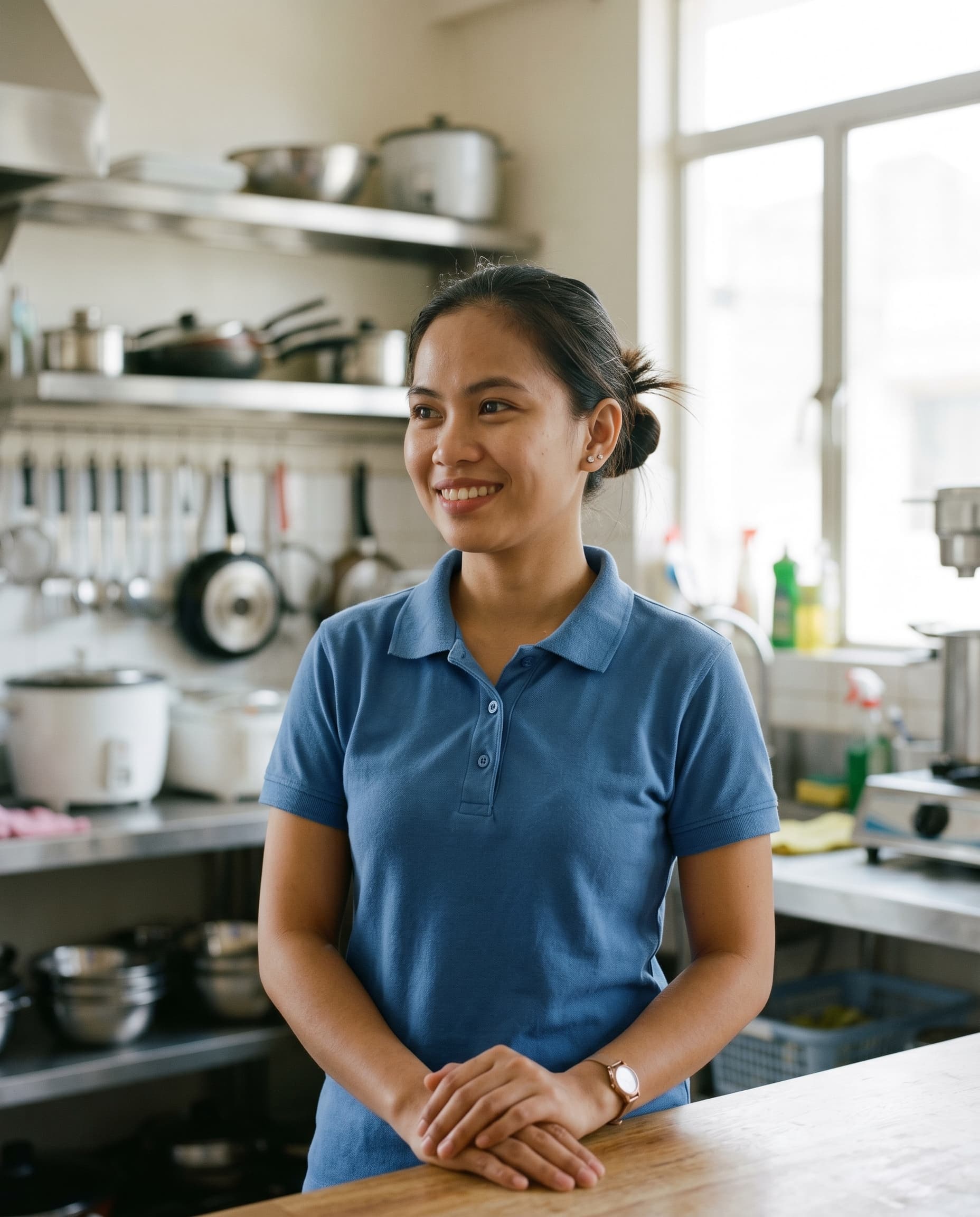 A first-time domestic helper smiling during a training session before deployment to Singapore.