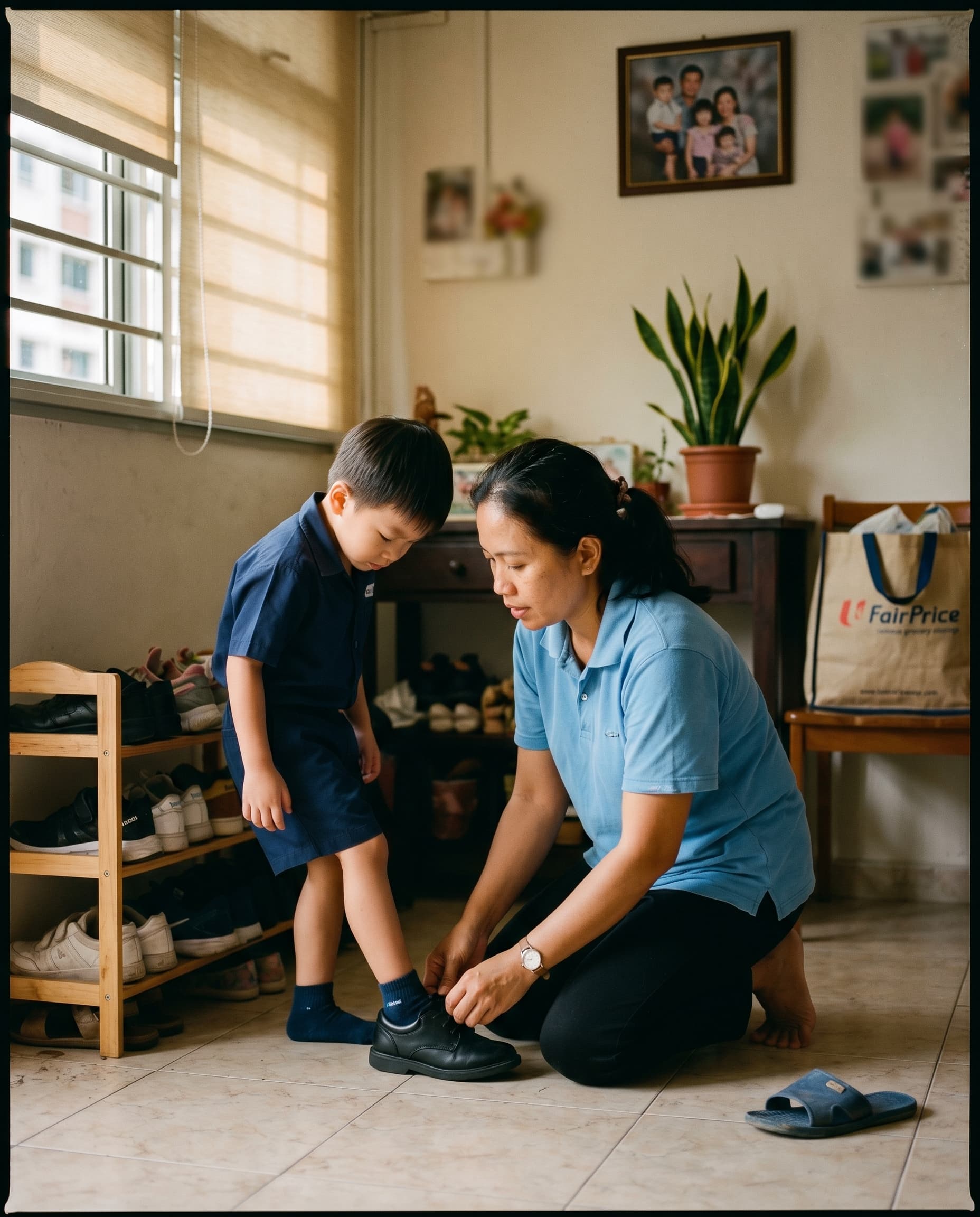 An Indonesian helper helping a Singapore child put on school shoes in an HDB home.