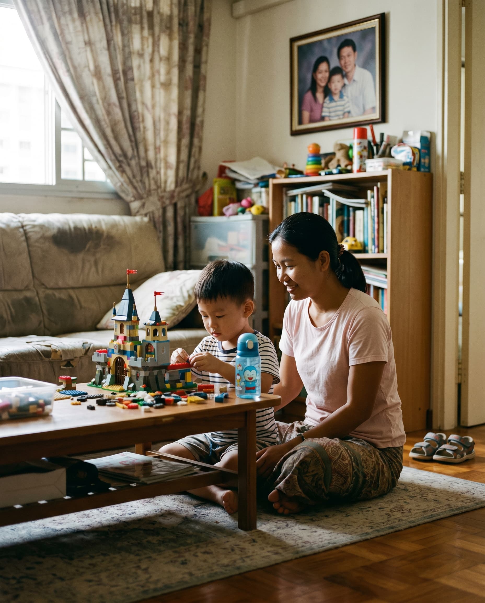 A Myanmar helper building LEGO with a Singapore child in a HDB living room.